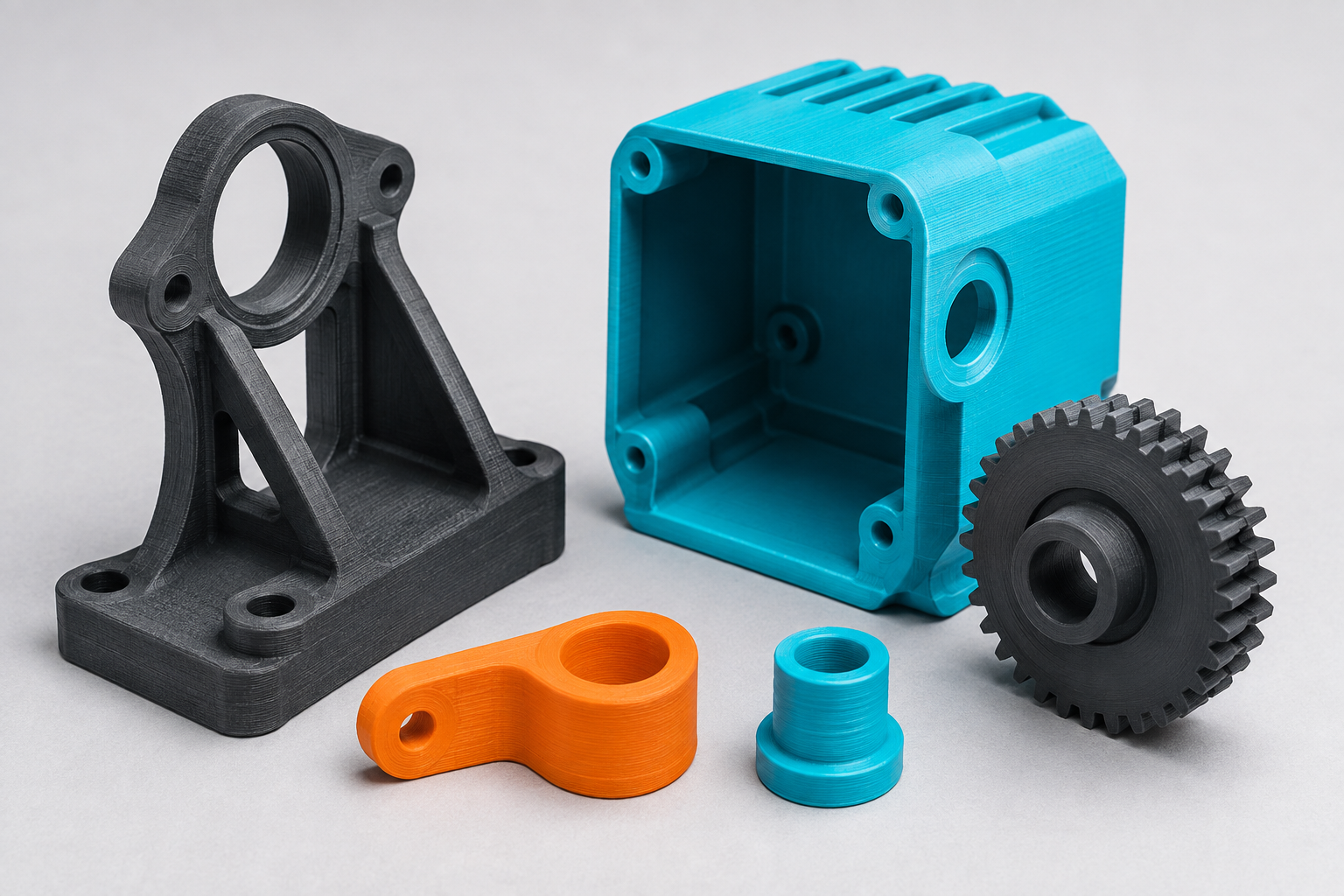 Piezas funcionales impresas en 3D: soporte, carcasa y engrane